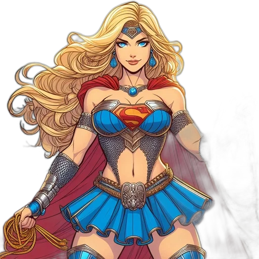 comic book art, fantasy art, concept art, cartoon, supergirl, stands, beach, front transparent PNG cut-out