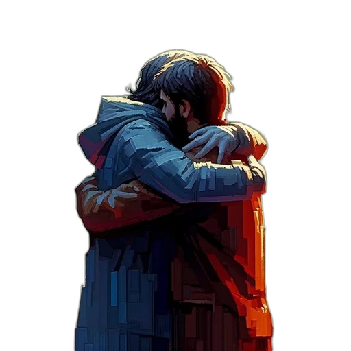 jacket, pixel art, concept art, comic book art, watercolor, red, two, figures transparent PNG cut-out