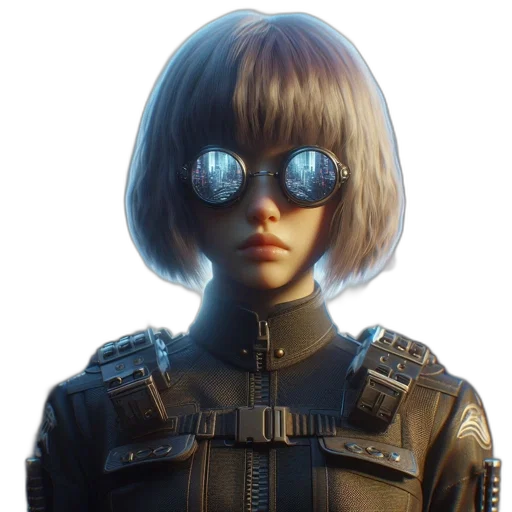 jacket, robot, face, hair, cyberpunk, 3d render, concept art, comic book art transparent PNG cut-out