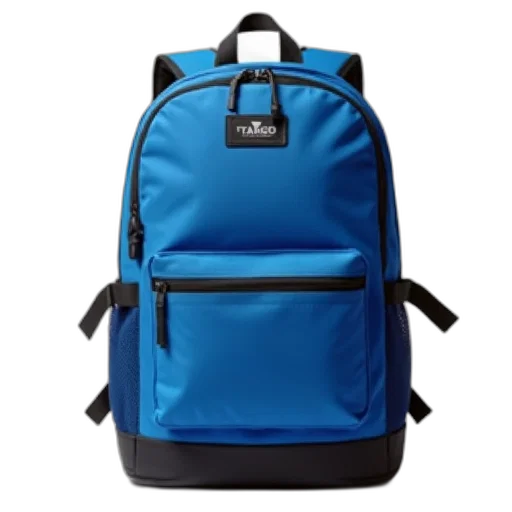 jacket, 3d render, blue, backpack, black, trim, displayed, against transparent PNG cut-out