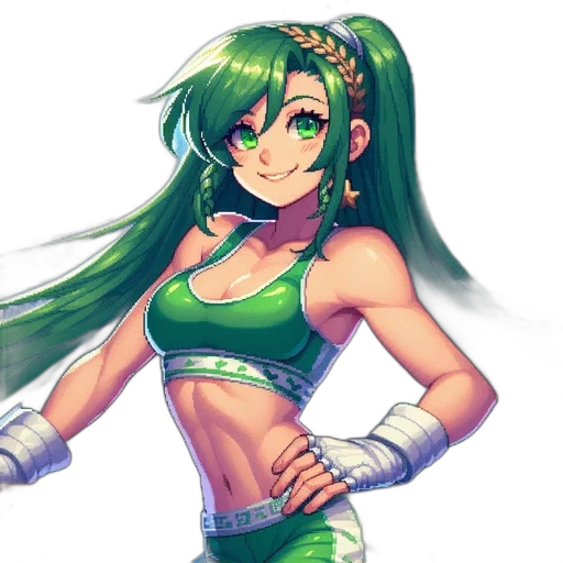 staff, pixel art, anime, fantasy art, concept art, green, green-haired, female transparent PNG cut-out