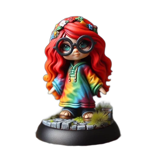concept art, miniature, figurine, curious, character, red, hair, large transparent PNG cut-out