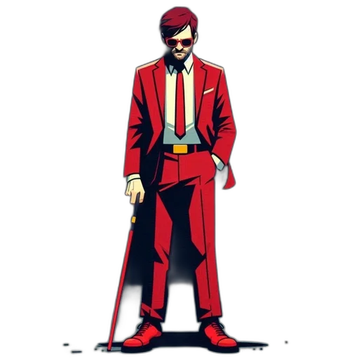 jacket, staff, comic book art, concept art, pixel art, cartoon, red, colorful transparent PNG cut-out