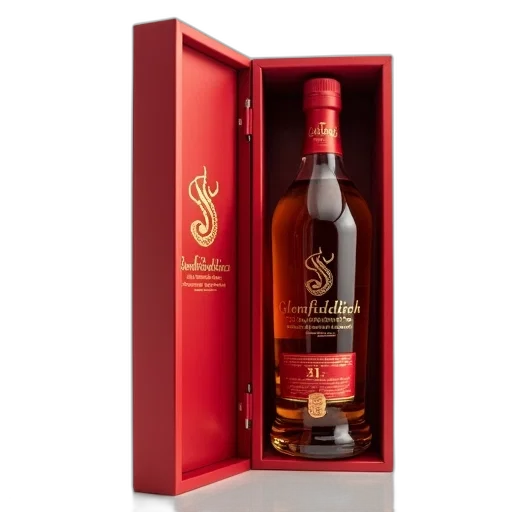 bottle, glenfiddich, year, old, scotch, whisky, displayed, red transparent PNG cut-out