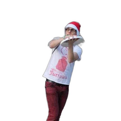 person, wearing, santa, hat, red, jeans, holds, frisbee transparent PNG cut-out