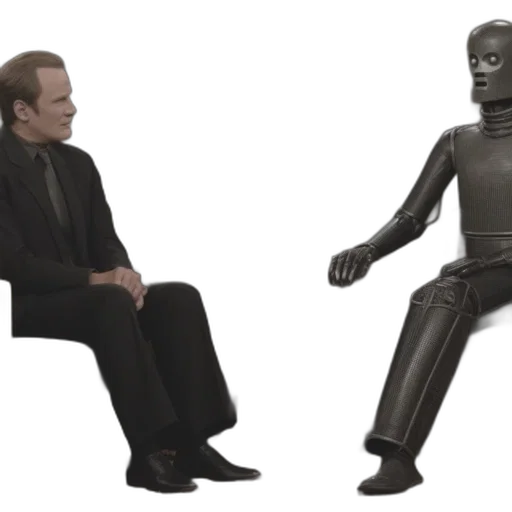 robot, furniture, outer space, forest, man, black, suit, sits transparent PNG cut-out