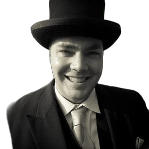 hat, staff, man, black, suit, top, tie, smiles transparent PNG cut-out