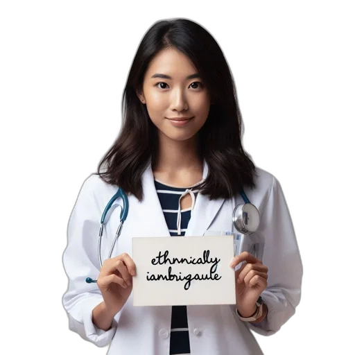 staff, photorealistic, ethnically, ambiguous, individual, depicted, woman, wearing transparent PNG cut-out
