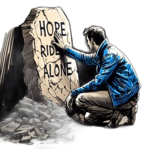 comic book art, concept art, man, blue, jacket, leans, against, inscribed transparent PNG cut-out
