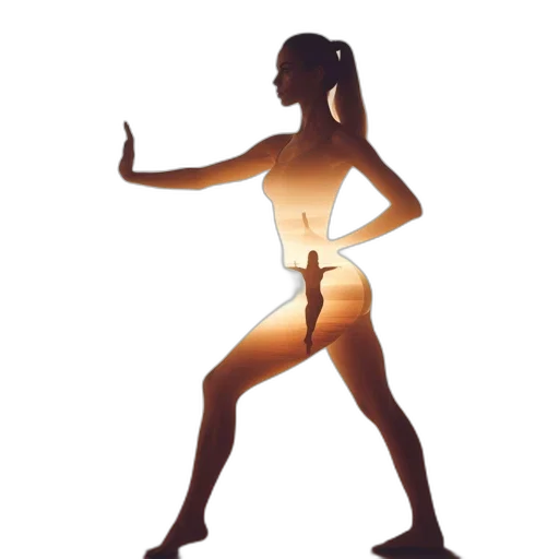 woman, silhouette, dynamic, pose, against, backdrop, sunset, desert transparent PNG cut-out