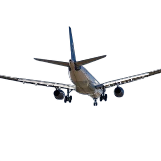 commercial, airplane, landing, gear, down, against, clear, blue transparent PNG cut-out