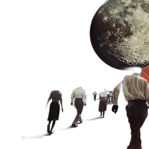 concept art, outer space, surreal, collage, depicts, people, walking, barren transparent PNG cut-out