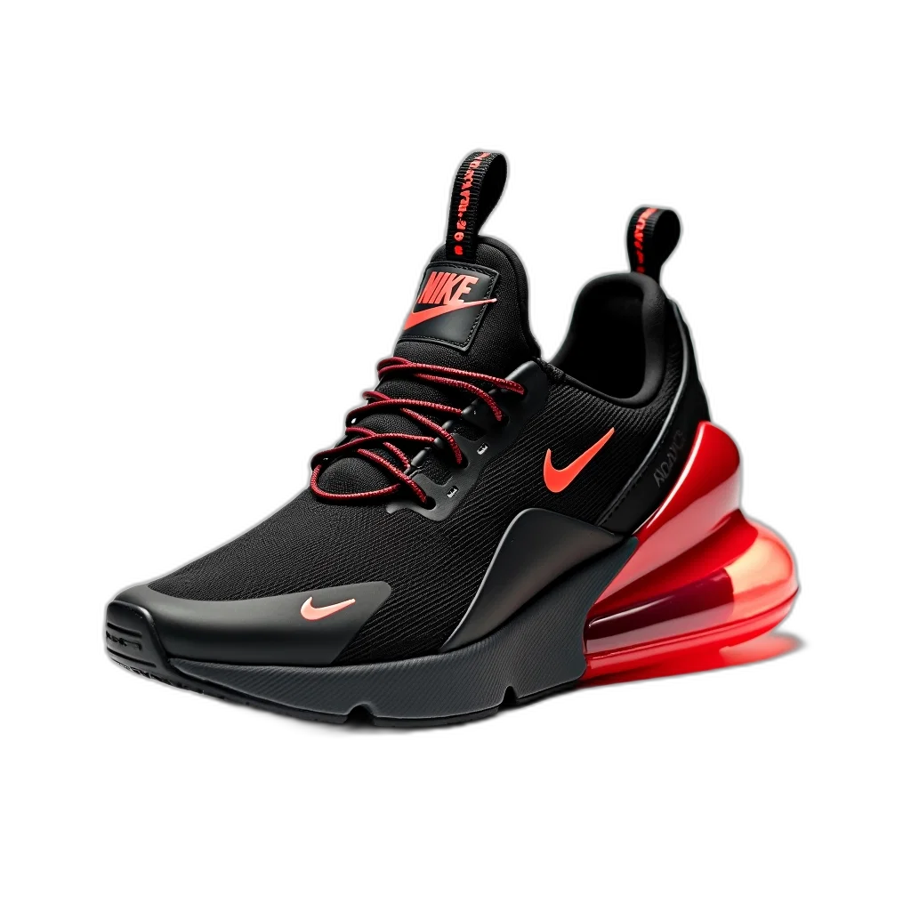 shoes, 3d render, photorealistic, black, red, sneaker, mesh, upper transparent PNG cut-out