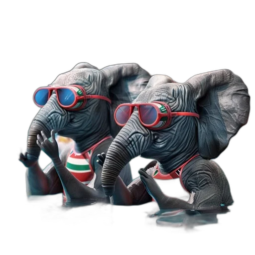 concept art, 3d render, two, elephants, wear, swim, goggles, swimsuits transparent PNG cut-out