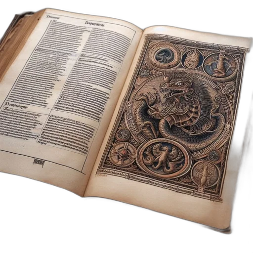 dragon, sword, antique, leather-bound, book, displays, detailed, woodcut transparent PNG cut-out
