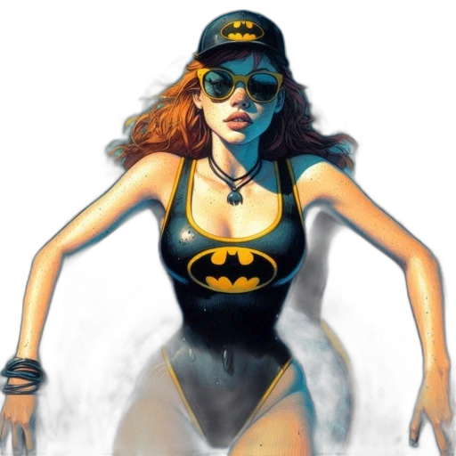 comic book art, concept art, fantasy art, photorealistic, woman, wearing, batman-themed, swimsuit transparent PNG cut-out