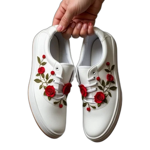 shoes, flower, photorealistic, 3d render, red, hand, holding, white transparent PNG cut-out