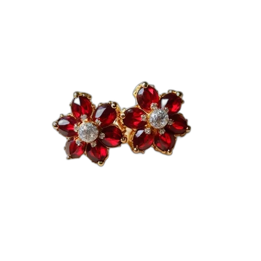 jewelry, crown, pair, gold, earrings, red, gemstones, displayed transparent PNG cut-out