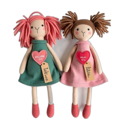 3d render, two, handmade, dolls, yarn, hair, fabric, bodies transparent PNG cut-out
