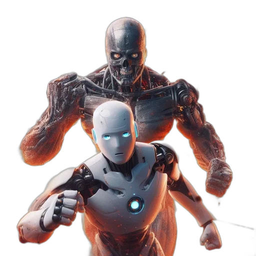 robot, concept art, comic book art, 3d render, two, contrasting, robots, stand transparent PNG cut-out