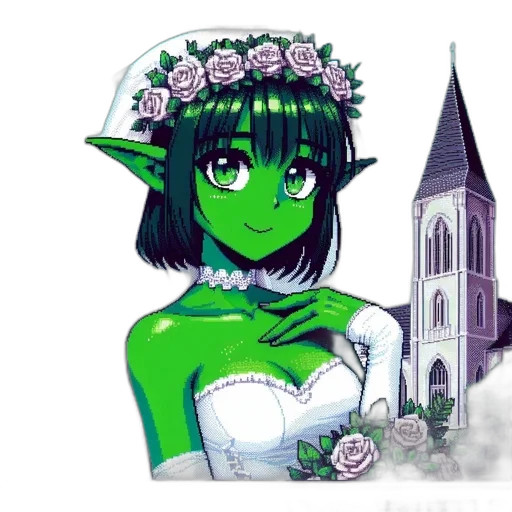 dress, fantasy art, concept art, pixel art, anime, green, green-skinned, elf-like transparent PNG cut-out