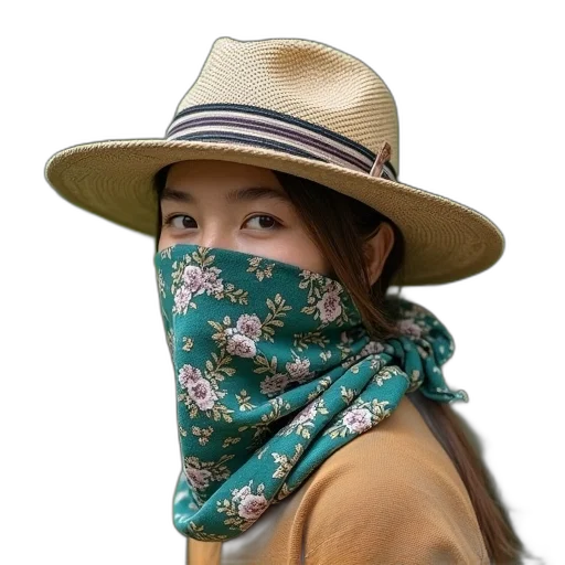 hat, mask, face, jewelry, photorealistic, oil painting, green, plants transparent PNG cut-out