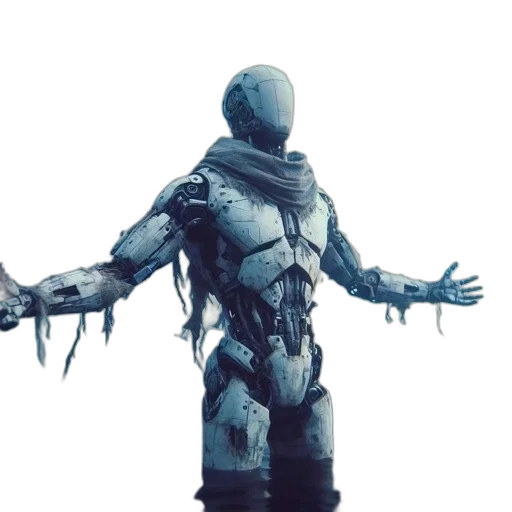 robot, creature, jacket, sword, concept art, 3d render, cyberpunk, fantasy art transparent PNG cut-out