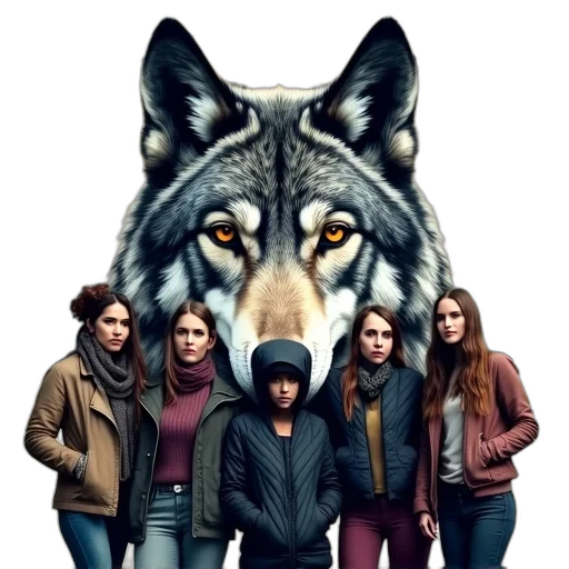 jacket, animal, concept art, photorealistic, comic book art, group, five, women transparent PNG cut-out