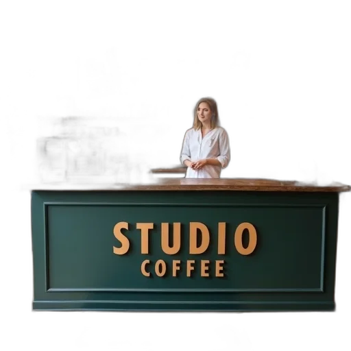 staff, furniture, 3d render, photorealistic, woman, standing, behind, counter transparent PNG cut-out