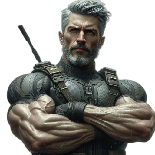 weapon, concept art, comic book art, fantasy art, photorealistic, stern-faced, mature, male transparent PNG cut-out