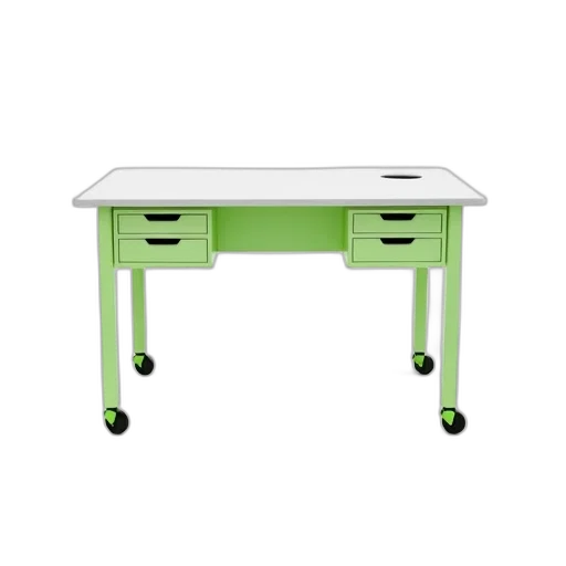 furniture, 3d render, green, white, desk, frame, wheels, displayed transparent PNG cut-out