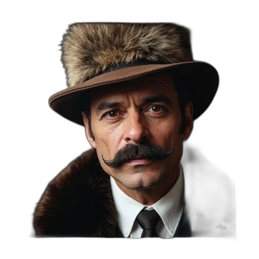hat, jacket, face, staff, photorealistic, concept art, portrait, man transparent PNG cut-out