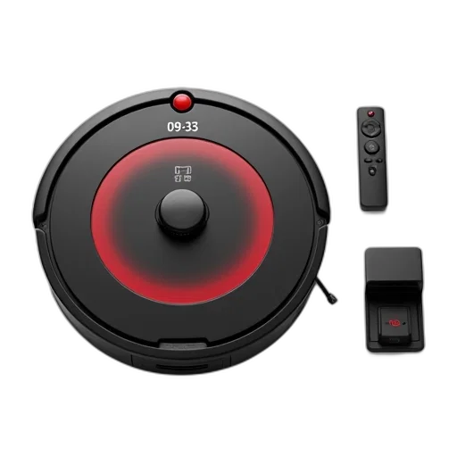 robot, 3d render, sleek, black, red, robotic, vacuum, cleaner transparent PNG cut-out