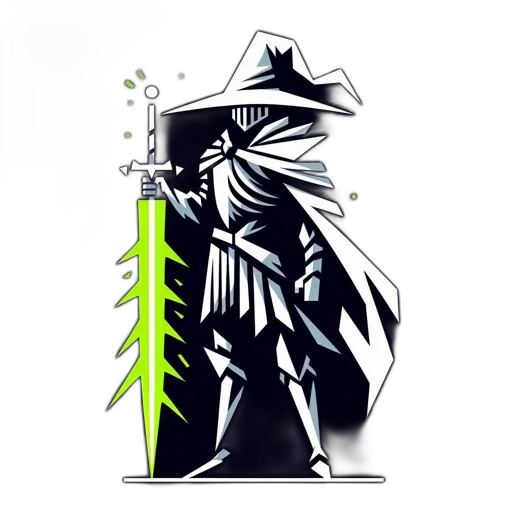 staff, jacket, sword, pixel art, fantasy art, concept art, comic book art, green transparent PNG cut-out
