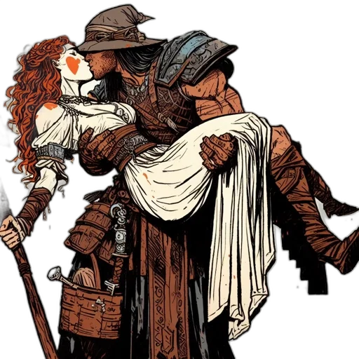 comic book art, concept art, fantasy art, fire, two, characters, share, intimate transparent PNG cut-out