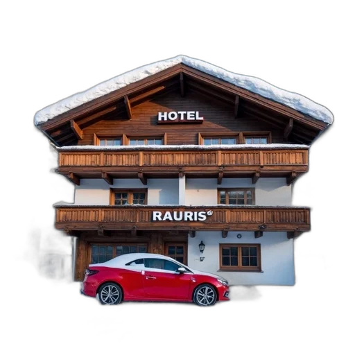 building, car, furniture, photorealistic, 3d render, concept art, red, two-story transparent PNG cut-out