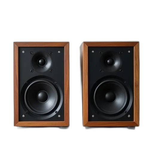 two, identical, black, speakers, wooden, frames, placed, side transparent PNG cut-out