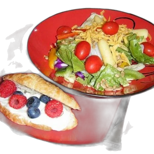 food, photorealistic, 3d render, red, plate, salad, croissant, berries transparent PNG cut-out