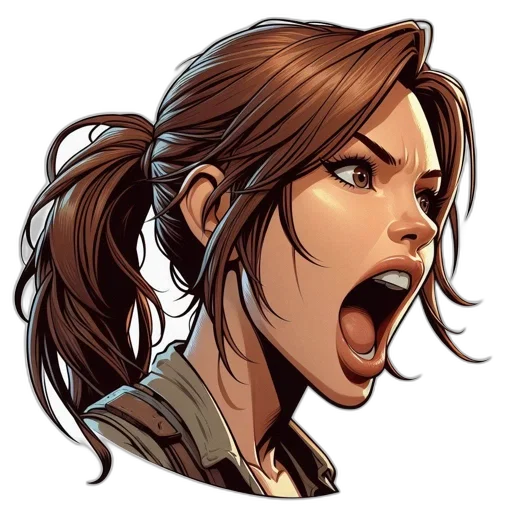 face, comic book art, concept art, photorealistic, cartoon, woman, intense, expression transparent PNG cut-out