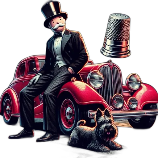 car, concept art, comic book art, cartoon, pixel art, monopoly, man, sits transparent PNG cut-out