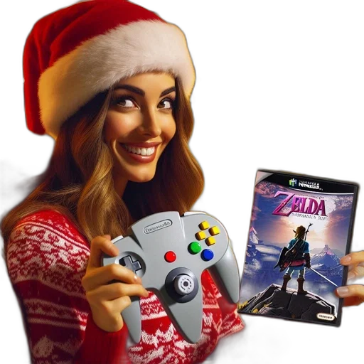 concept art, woman, wears, christmas-themed, outfit, while, playing, classic transparent PNG cut-out