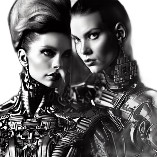 robot, cyberpunk, photorealistic, concept art, comic book art, outer space, two, women transparent PNG cut-out