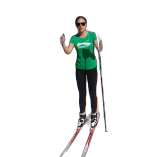 staff, 3d render, photorealistic, woman, green, shirt, skiing, outside transparent PNG cut-out