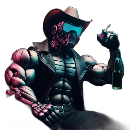robot, mask, bottle, concept art, cyberpunk, vaporwave, pixel art, muscular transparent PNG cut-out