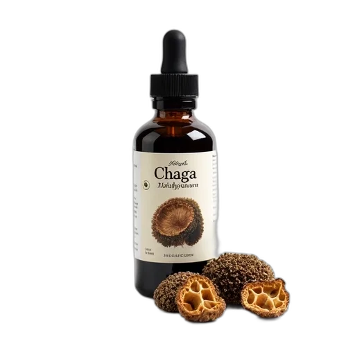 food, bottle, chaga, mushroom, extract, displayed, white, background transparent PNG cut-out