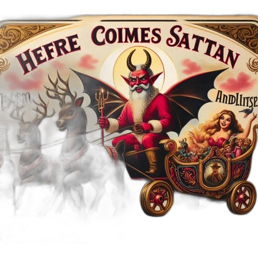 concept art, fantasy art, vintage, featuring, satan, pulling, sleigh, reindeer transparent PNG cut-out