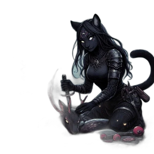 concept art, fantasy art, cyberpunk, pixel art, dark, monochrome, feline-featured, female transparent PNG cut-out