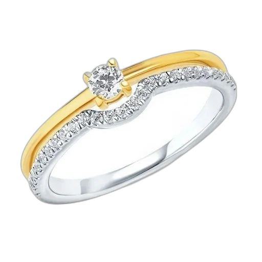 jewelry, crown, two-tone, gold, ring, central, diamond, wave-shaped transparent PNG cut-out