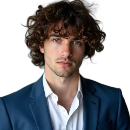 staff, hair, face, jacket, photorealistic, man, curly, wearing transparent PNG cut-out