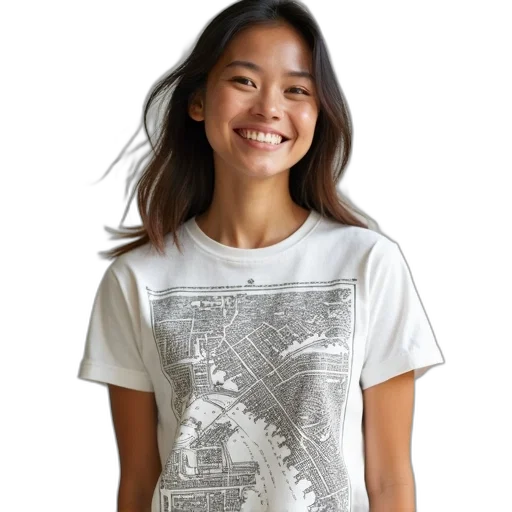 monochrome, woman, wearing, white, t-shirt, detailed, map, city transparent PNG cut-out